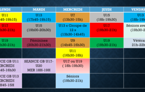 Planning et horaires entraînements saison 2018-2019
