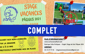 STAGE VACANCES - PÂQUES 2021 : STAGE COMPLET !