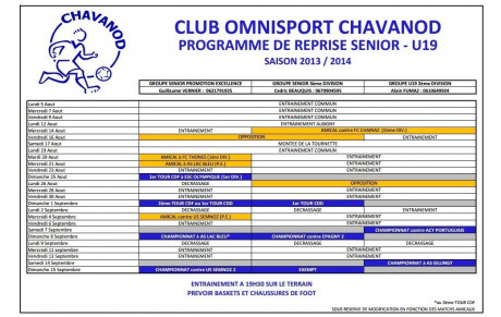 Programme de reprise pour les séniors et U19