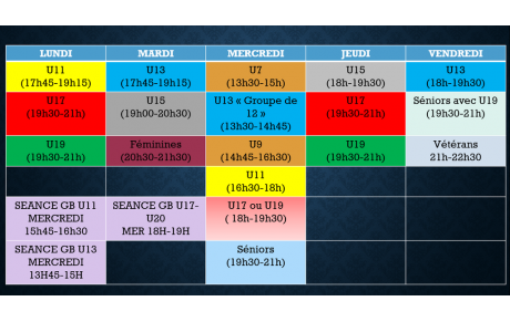 Planning et horaires entraînements saison 2018-2019