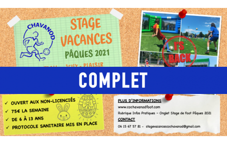 STAGE VACANCES - PÂQUES 2021 : STAGE COMPLET !